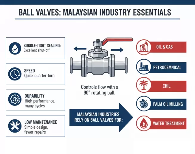 Ball valve used in Malaysian industrial applications such as oil and gas, palm oil and manufacturing