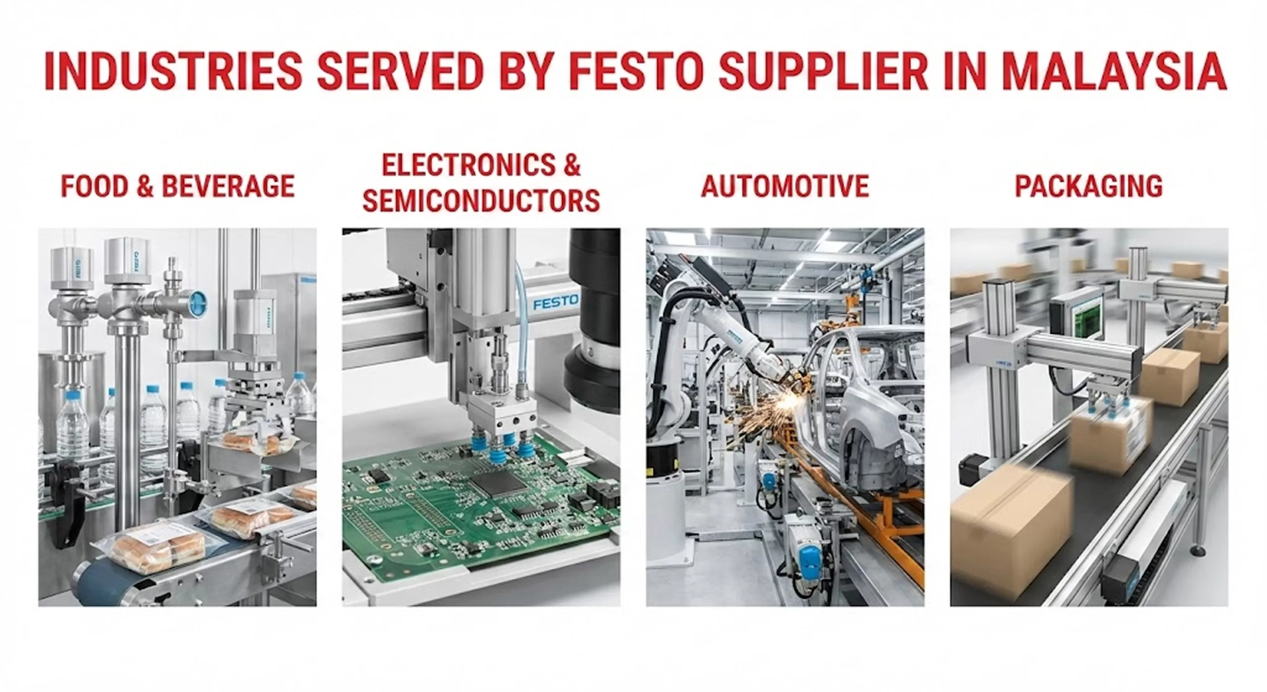Industries served by Festo supplier in Malaysia including food and beverage, electronics, semiconductors, automotive and packaging