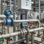 Industrial flowmeters installed on stainless steel pipelines in a manufacturing plant