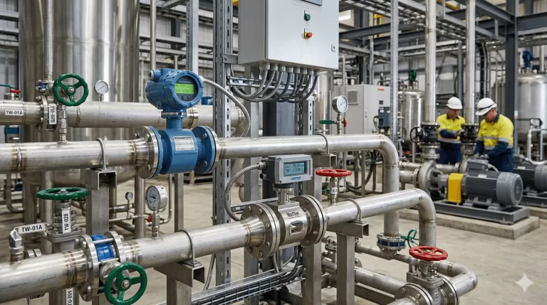 Industrial flowmeters installed on stainless steel pipelines in a manufacturing plant