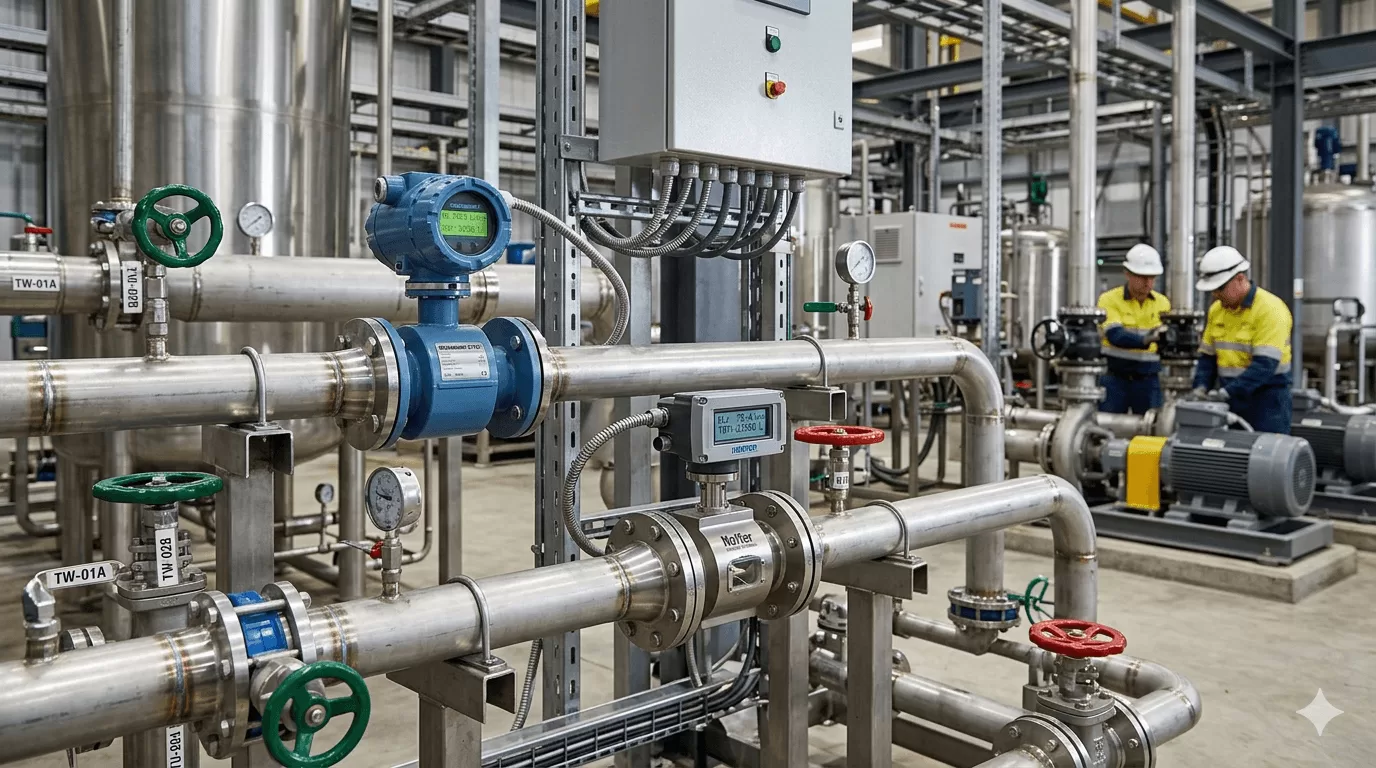 Industrial flowmeters installed on stainless steel pipelines in a manufacturing plant